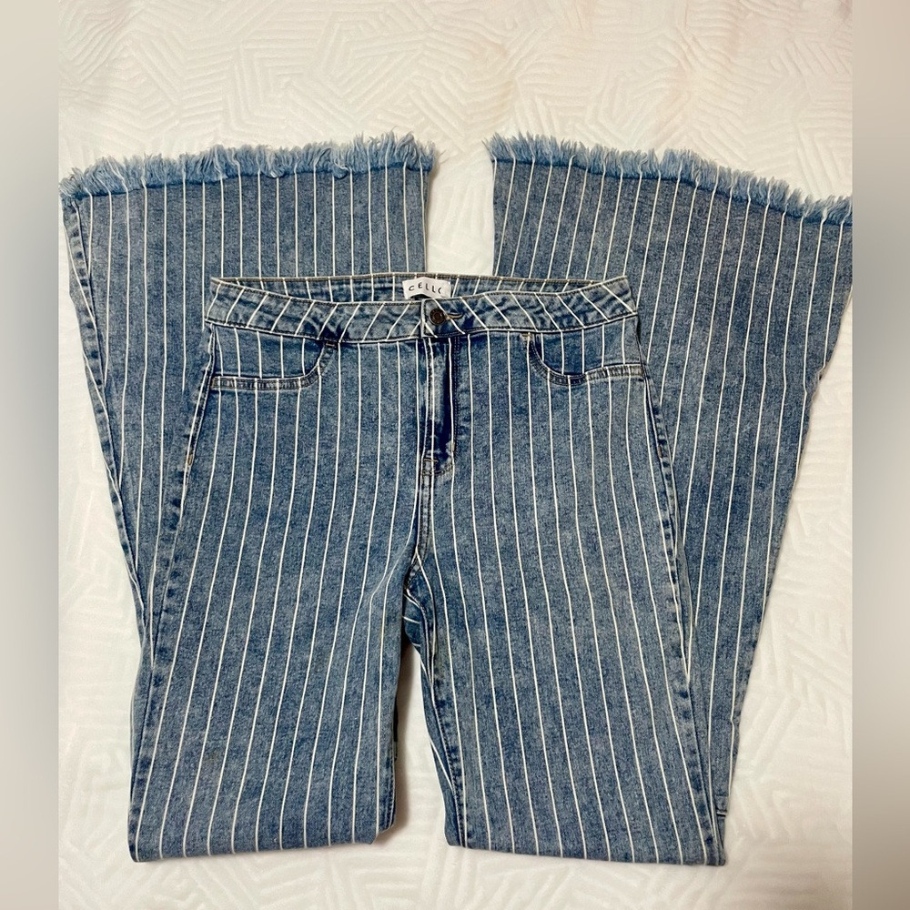 Cello Striped Jeans High Rise Skinny Flare Size 14